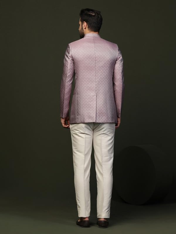 KISAH Men's Jodhpuri Bandhgala-Blazer Trouser Set, Lilac Jacquard, Woven Design Regular Fit Mandarin Collar Long Sleeves (42) - Image 5