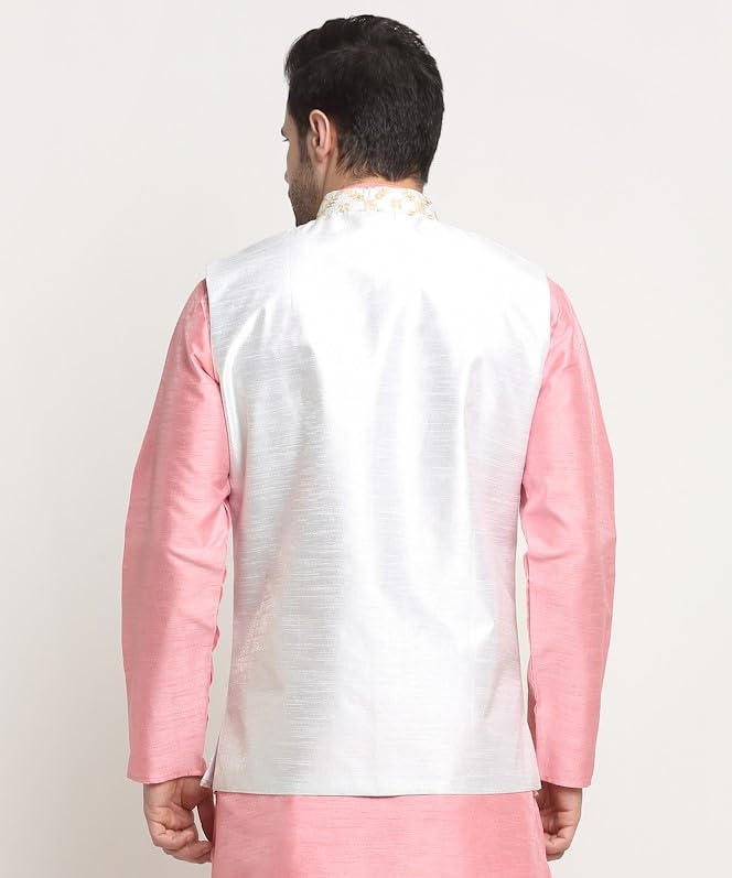 KRAFT INDIA Men's Silk Embroided Zari Cream Nehru Jacket Only - Image 7