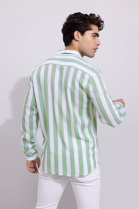 U-TURN Slim Fit Striped Shirt - Men's Printed Shirt (Light Green; Medium) - Image 4