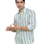 U-TURN Slim Fit Striped Shirt - Men's Printed Shirt (Light Green; Medium)