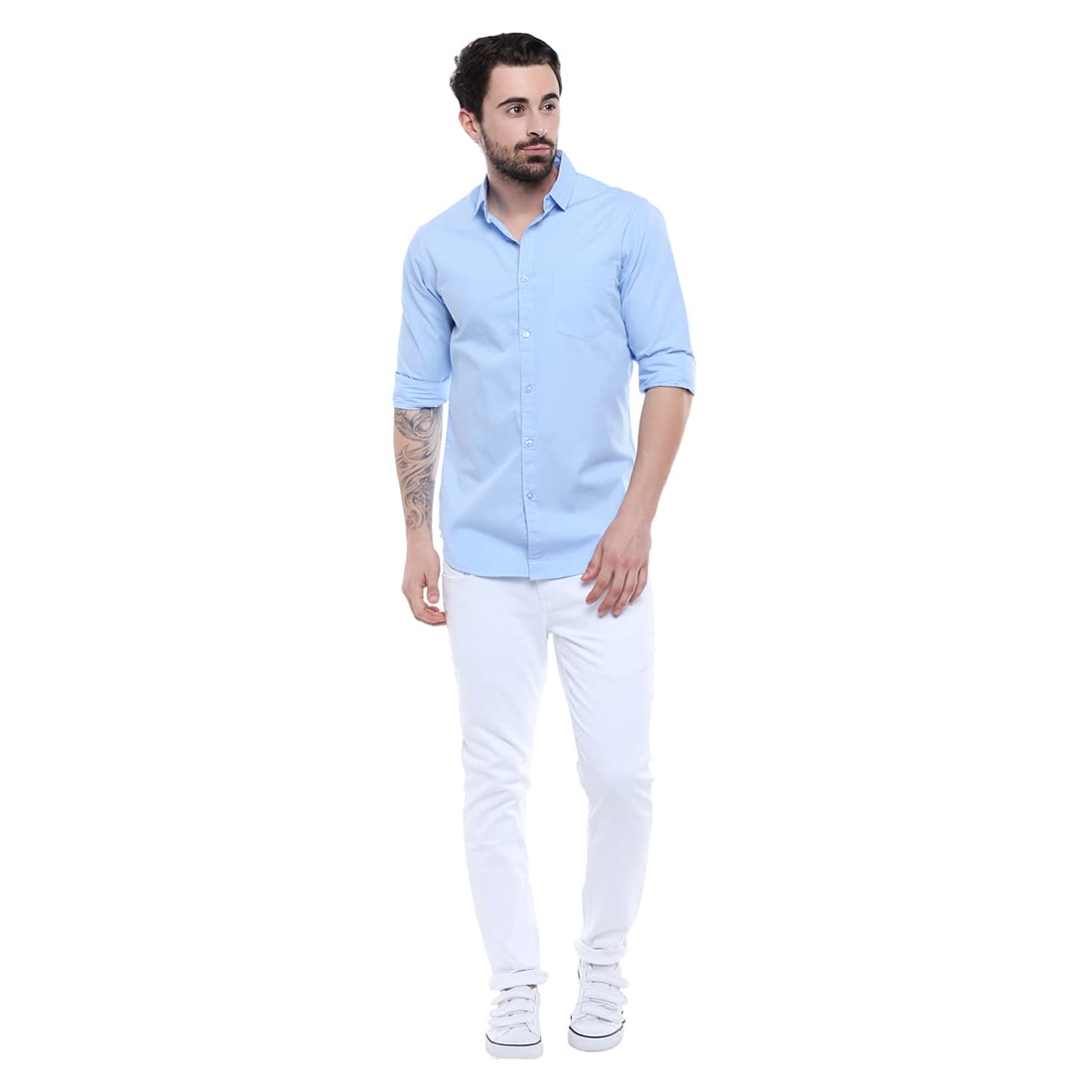 Dennis Lingo Men's Cotton Sky Blue Solid Casual Shirt (AZ301_Sky Blue_L) - Image 2