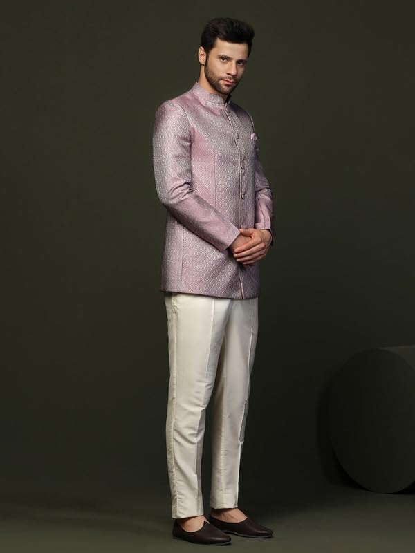 KISAH Men's Jodhpuri Bandhgala-Blazer Trouser Set, Lilac Jacquard, Woven Design Regular Fit Mandarin Collar Long Sleeves (42) - Image 7