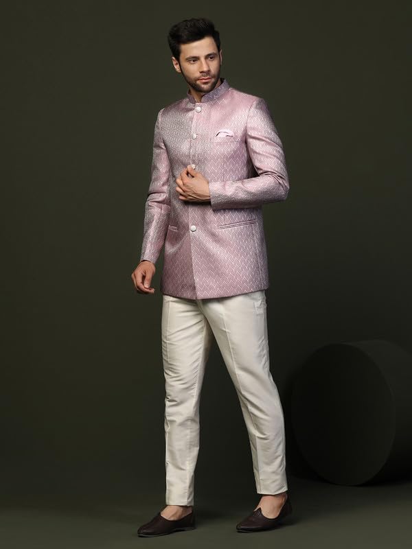 KISAH Men's Jodhpuri Bandhgala-Blazer Trouser Set, Lilac Jacquard, Woven Design Regular Fit Mandarin Collar Long Sleeves (42) - Image 6