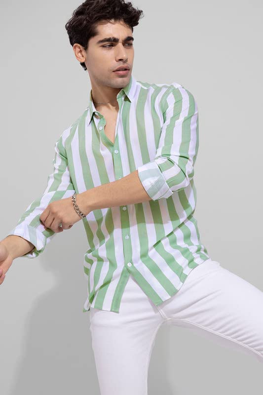 U-TURN Slim Fit Striped Shirt - Men's Printed Shirt (Light Green; Medium) - Image 5