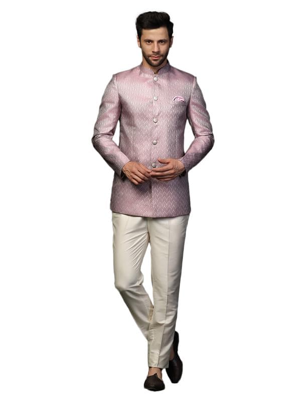 KISAH Men's Jodhpuri Bandhgala-Blazer Trouser Set, Lilac Jacquard, Woven Design Regular Fit Mandarin Collar Long Sleeves (42) - Image 8