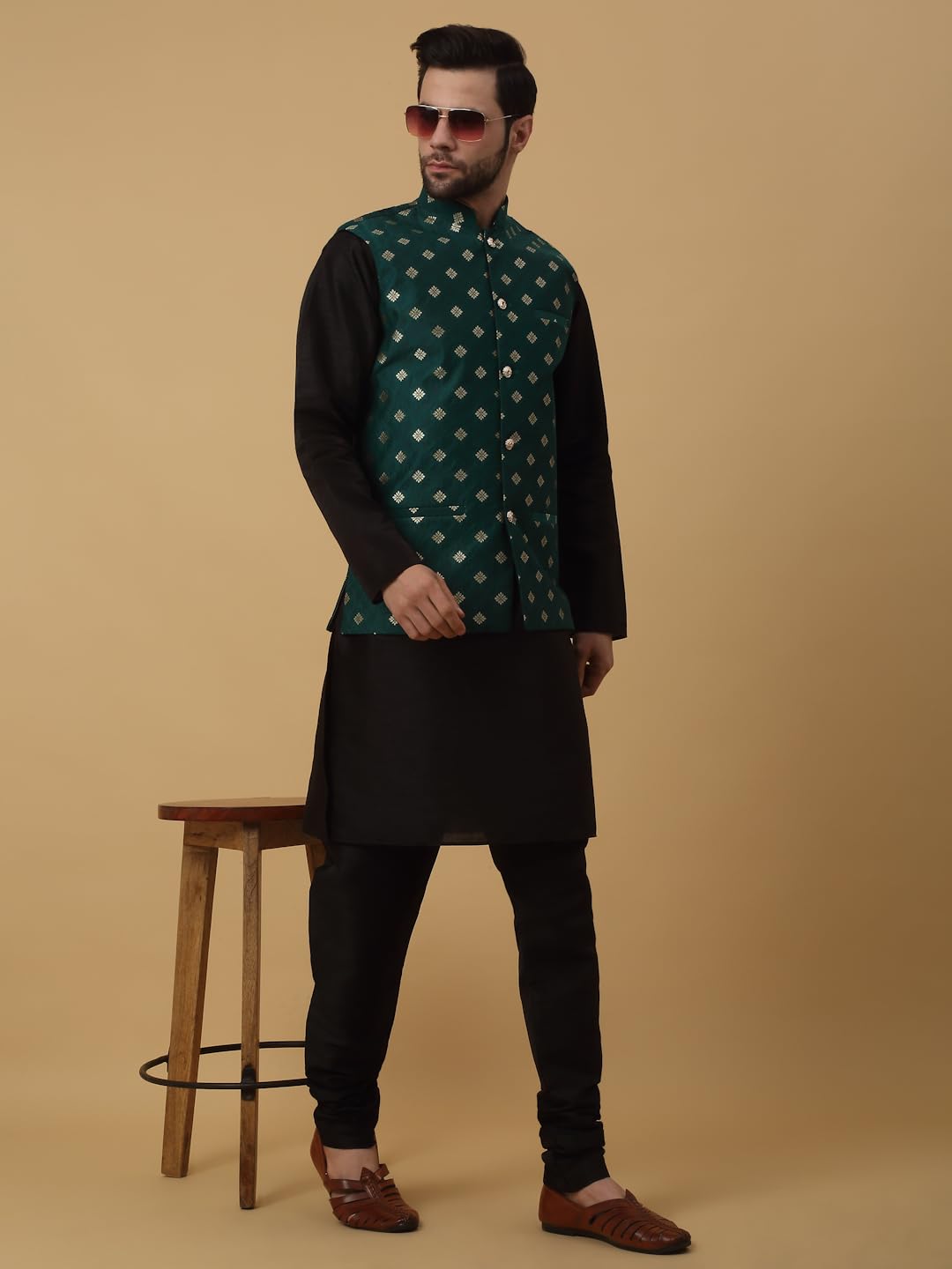 KRAFT INDIA Men's Silk Blend Jacquard Sleeveless Gold Print Green Nehru Jacket (Size- Large) - Image 3