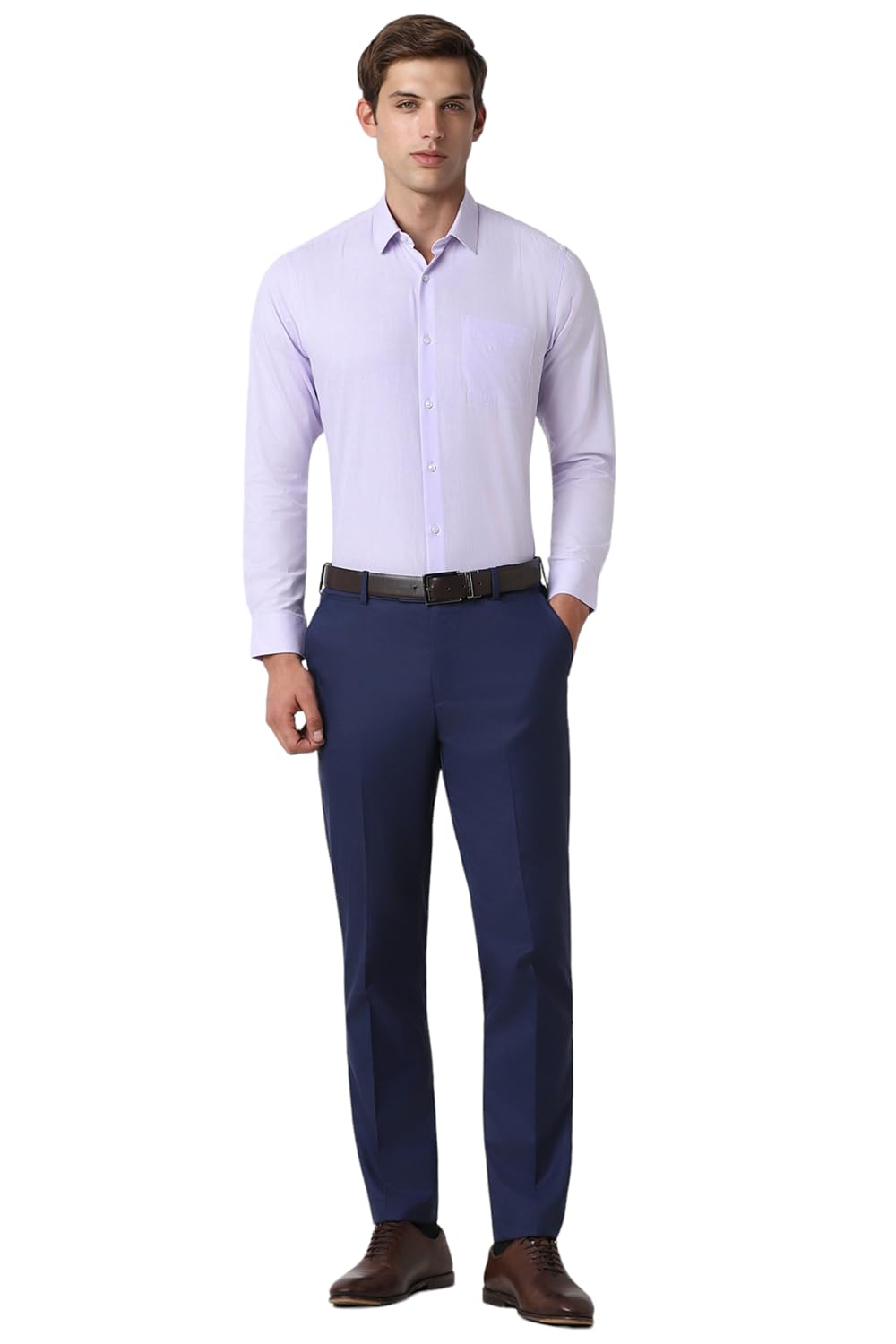 Peter England Men's Premium Solid Herringbone Regular Fit Full Sleeve Formal Shirt | Wonder Fabric | Cotton Rich Lilac - Image 3