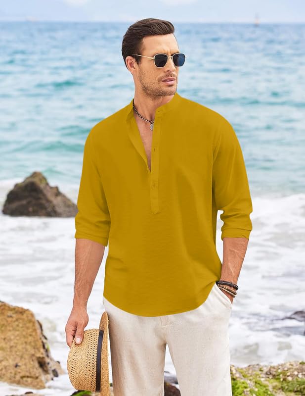 ROYALSCOUT Men's Regular Fit Solid Cotton Blend Straight Short Kurta | Full Sleeves Kurta Gold - Image 6