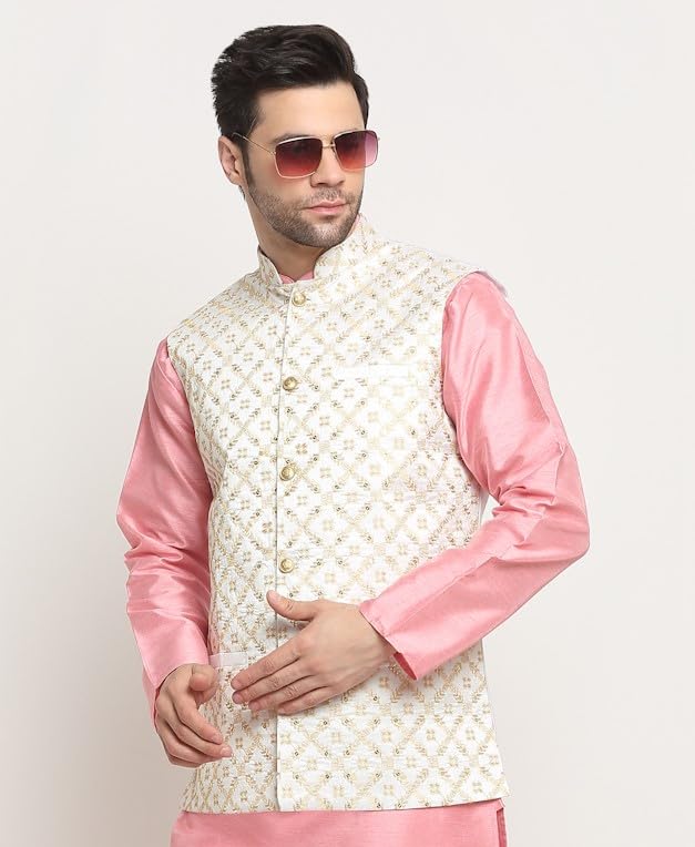 KRAFT INDIA Men's Silk Embroided Zari Cream Nehru Jacket Only - Image 4
