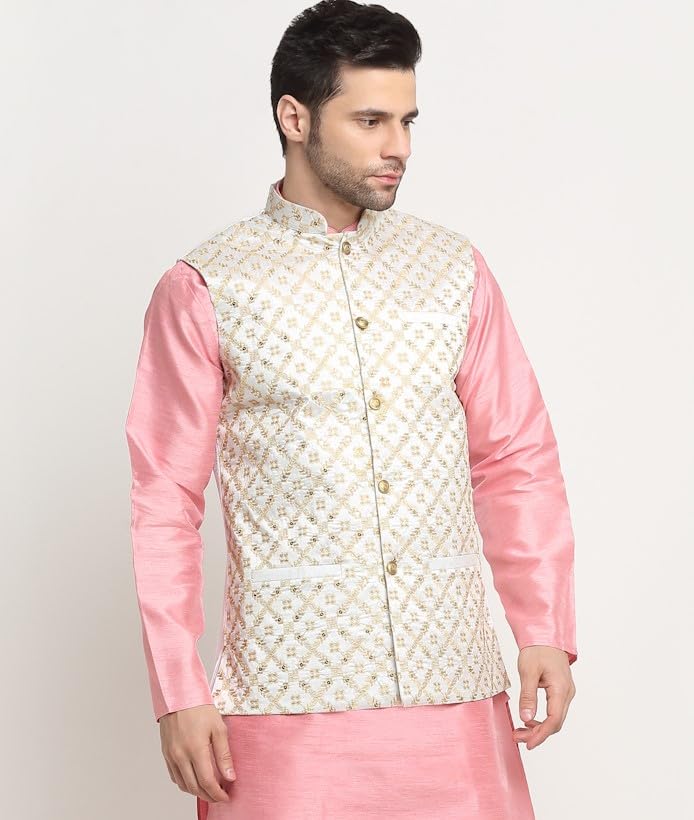 KRAFT INDIA Men's Silk Embroided Zari Cream Nehru Jacket Only - Image 6