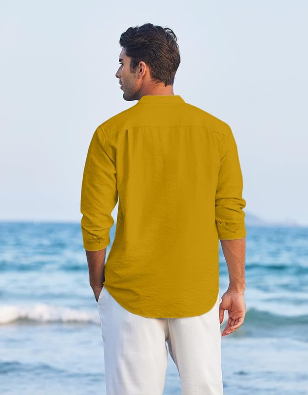 ROYALSCOUT Men's Regular Fit Solid Cotton Blend Straight Short Kurta | Full Sleeves Kurta Gold - Image 8