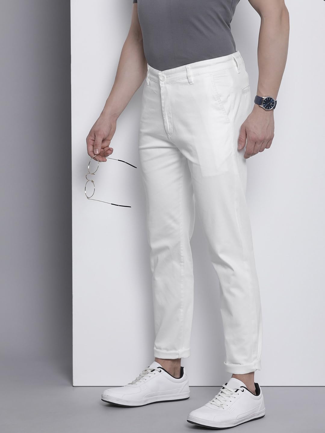The Indian Garage Co Men Mid Rise Slim Fit Solid Stretchable Chinos Bright White, 36 - Image 8