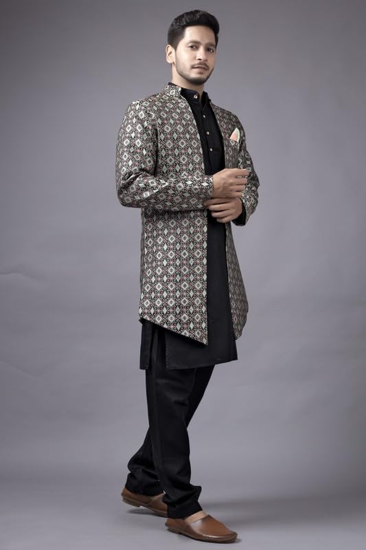 Amzira Men's Stylish Ethnic Wear Black Kurta Pajama Set with Long Jacket, - Image 6
