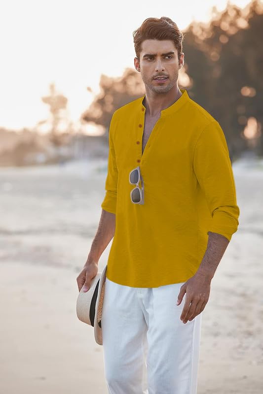 ROYALSCOUT Men's Regular Fit Solid Cotton Blend Straight Short Kurta | Full Sleeves Kurta Gold - Image 5