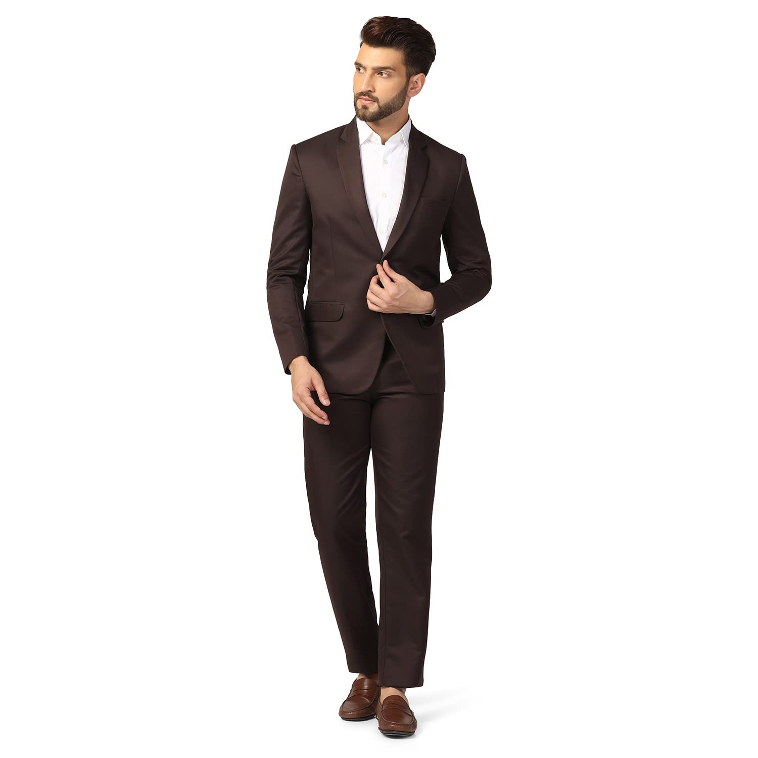 TAHVO Mens Cotton Blend Slim Fit Two Piece Suit Set(Brown, 42) - Image 2
