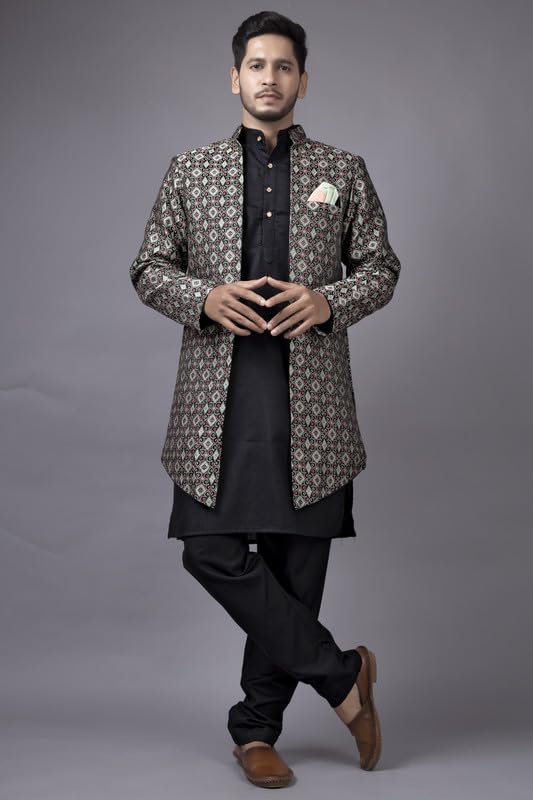 Amzira Men's Stylish Ethnic Wear Black Kurta Pajama Set with Long Jacket, - Image 8