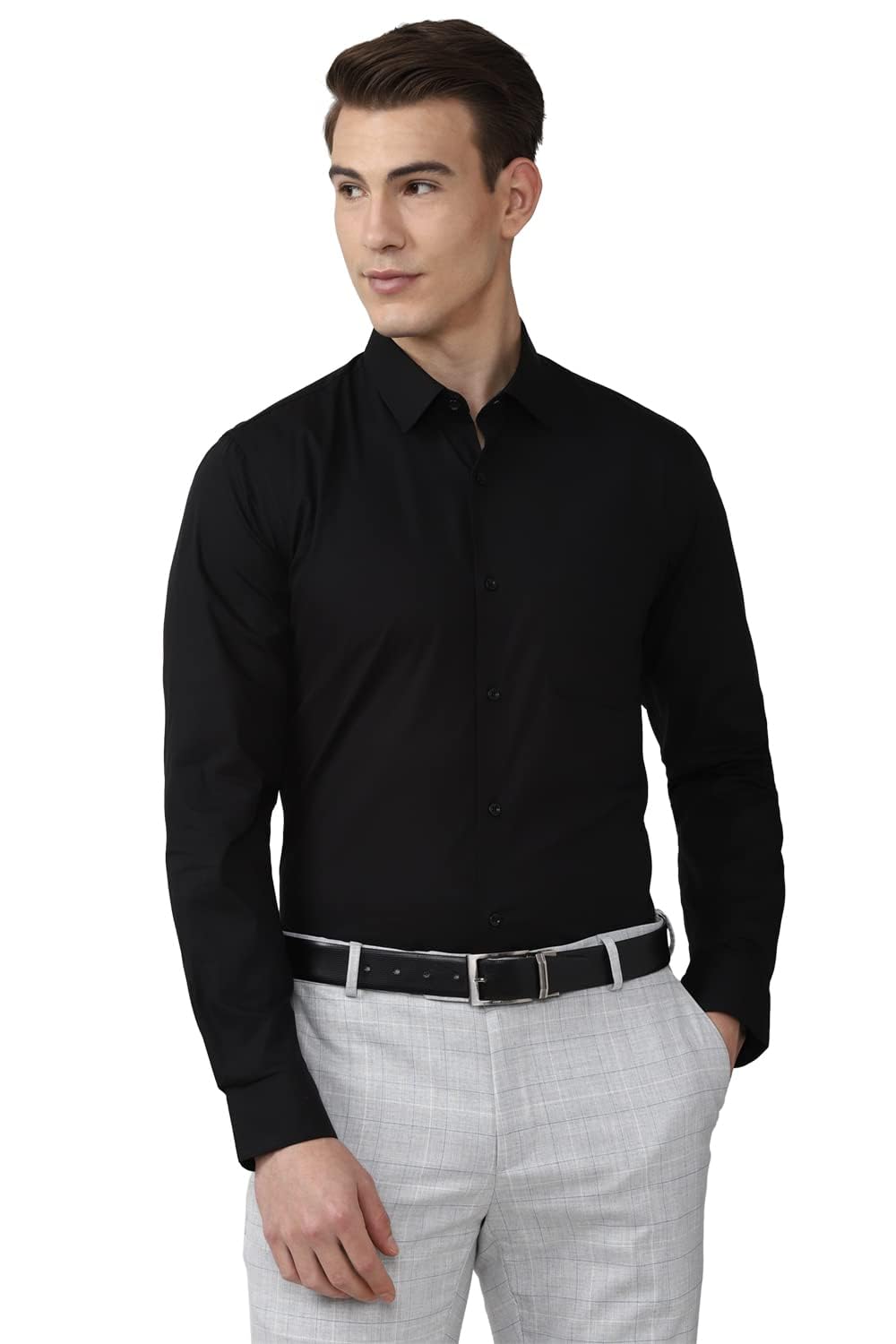 Peter England Cotton Jeans Men's Solid Slim FiT-Shirt (Pesfmslb003086_Black 42)