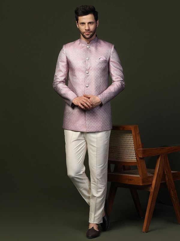 KISAH Men's Jodhpuri Bandhgala-Blazer Trouser Set, Lilac Jacquard, Woven Design Regular Fit Mandarin Collar Long Sleeves (42) - Image 4