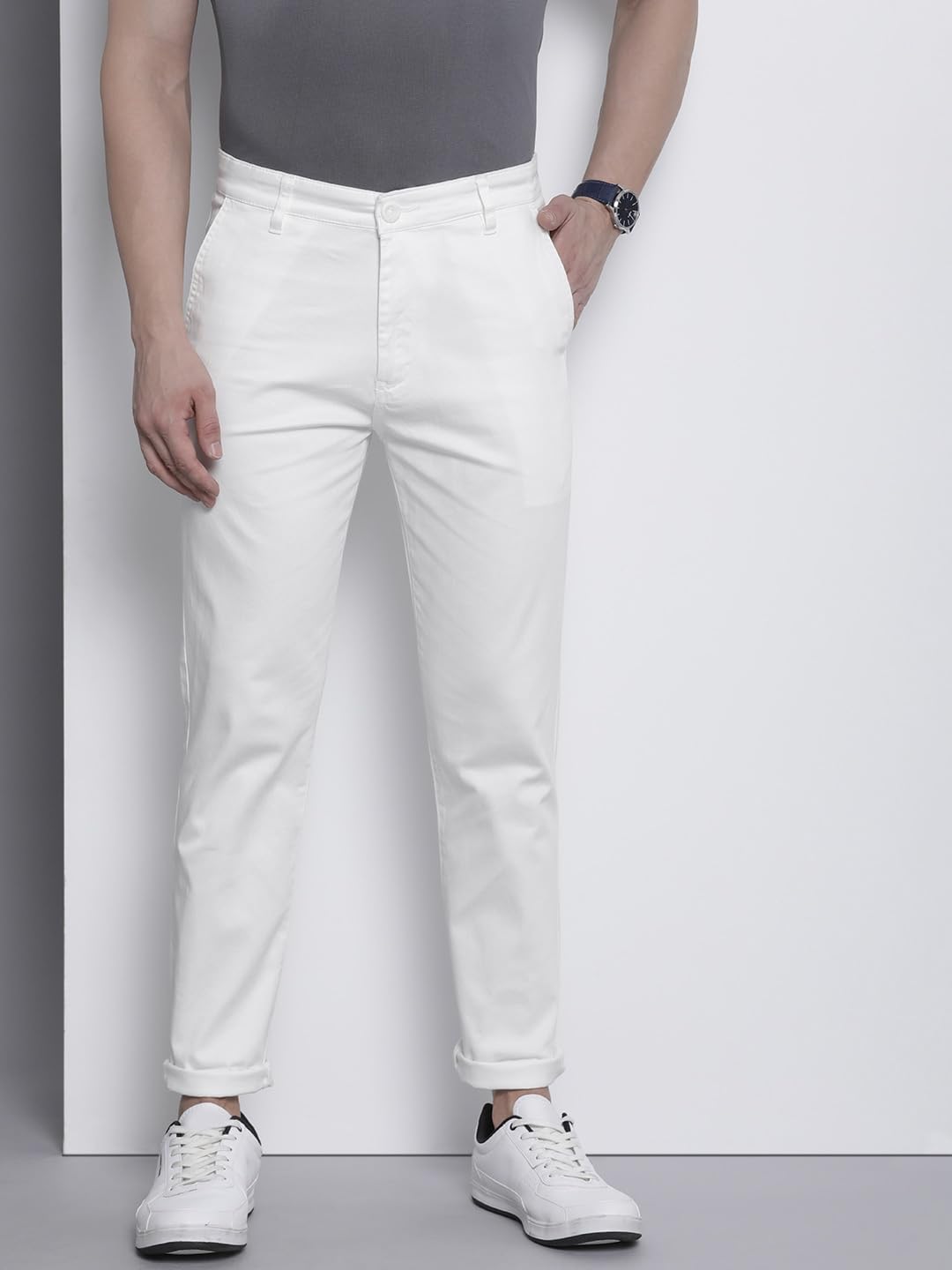 The Indian Garage Co Men Mid Rise Slim Fit Solid Stretchable Chinos Bright White, 36 - Image 7