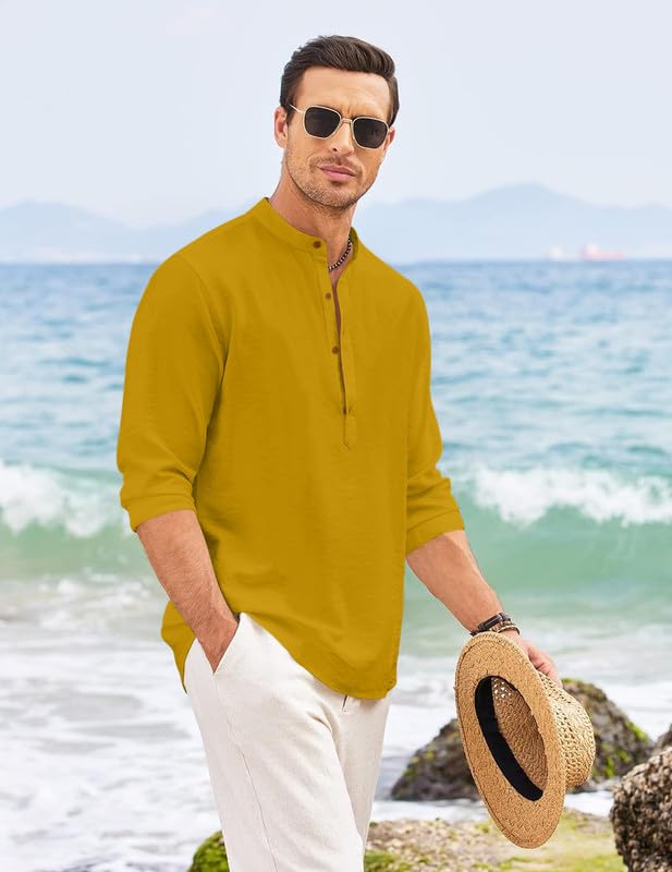 ROYALSCOUT Men's Regular Fit Solid Cotton Blend Straight Short Kurta | Full Sleeves Kurta Gold - Image 7