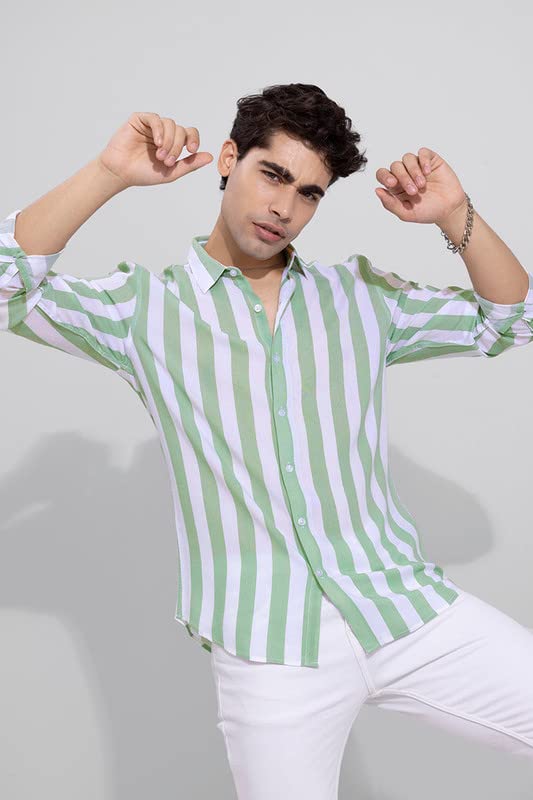 U-TURN Slim Fit Striped Shirt - Men's Printed Shirt (Light Green; Medium) - Image 3