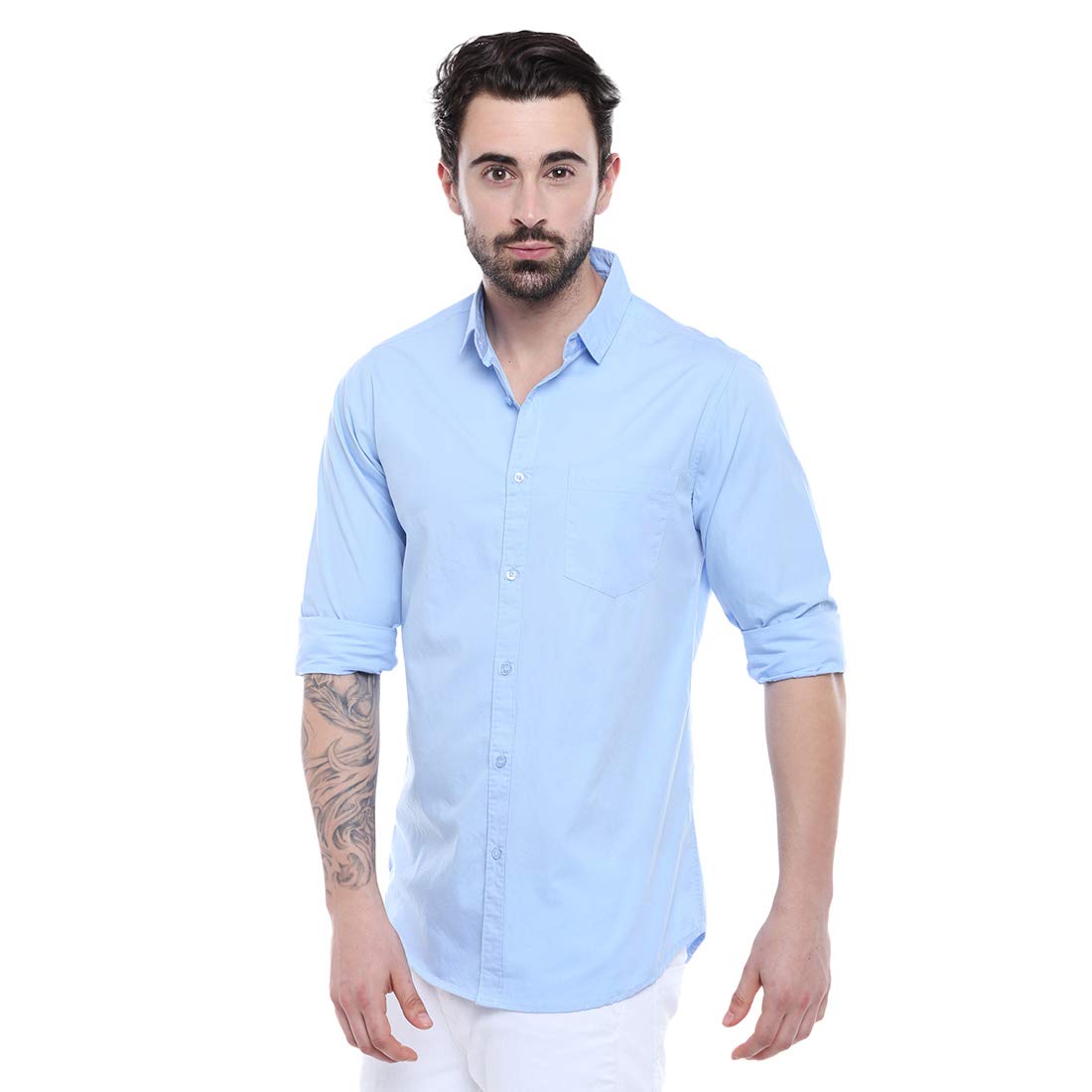 Dennis Lingo Men's Cotton Sky Blue Solid Casual Shirt (AZ301_Sky Blue_L) - Image 5