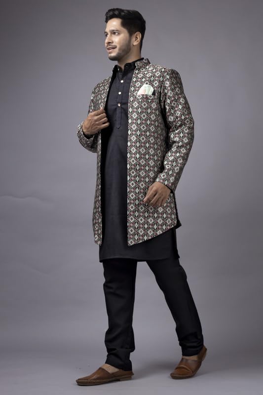 Amzira Men's Stylish Ethnic Wear Black Kurta Pajama Set with Long Jacket, - Image 5