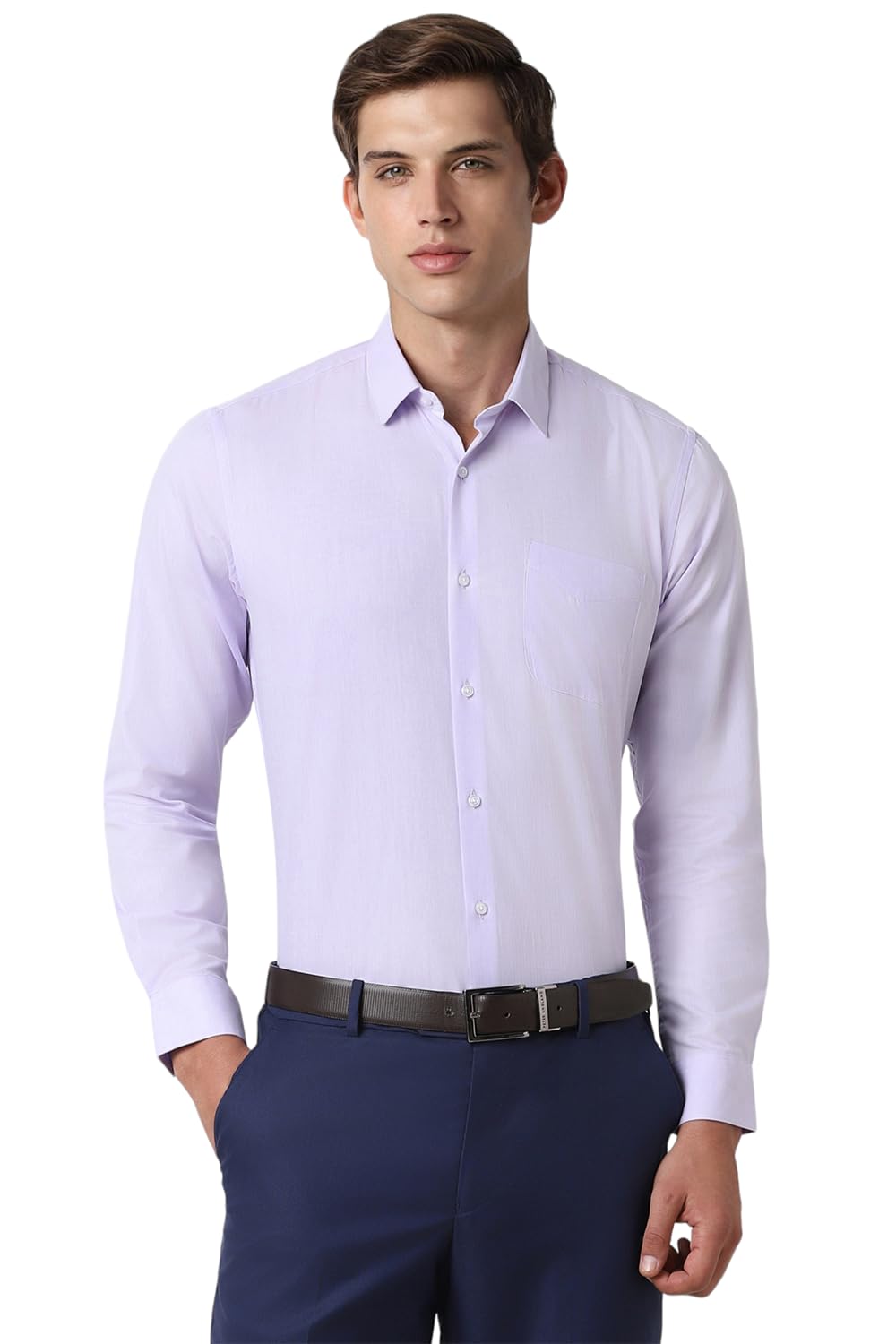 Peter England Men's Premium Solid Herringbone Regular Fit Full Sleeve Formal Shirt | Wonder Fabric | Cotton Rich Lilac