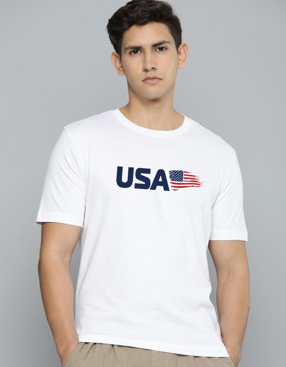 Veirdo® Regular Fit Half Sleeves Round Neck Typographic Printed Pure Cotton T-Shirt for Men (TSH_V_99_USA_WT_M) - Image 7