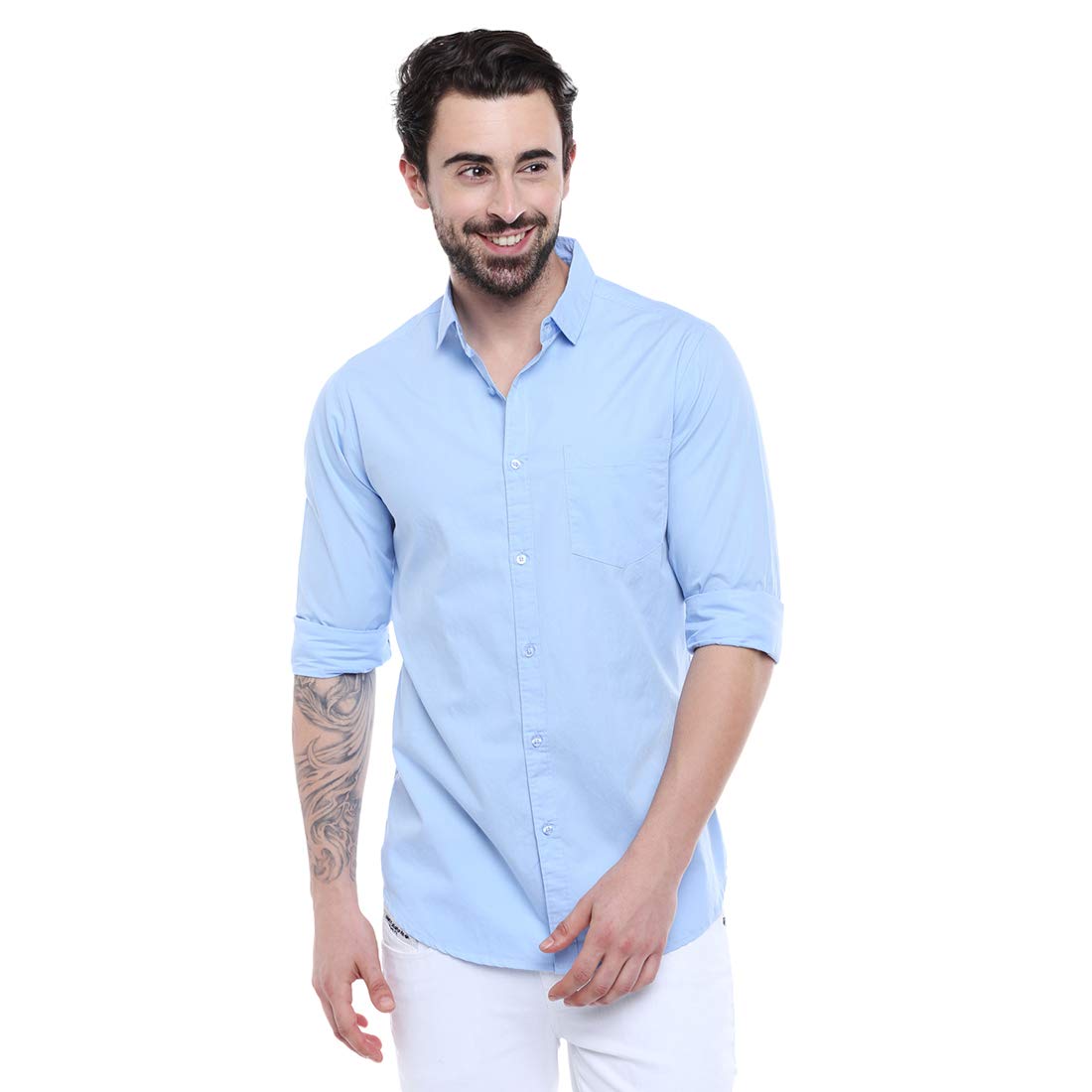 Dennis Lingo Men's Cotton Sky Blue Solid Casual Shirt (AZ301_Sky Blue_L)