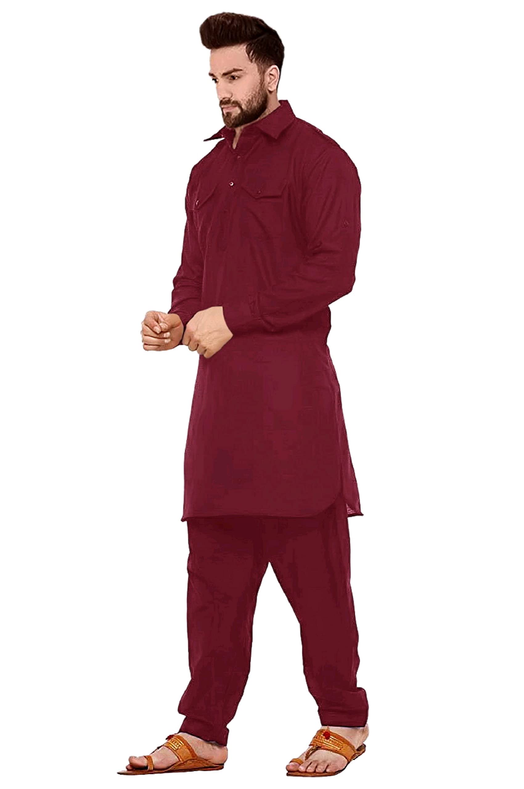 Trustous Pathani Suit Set Cotton for Mens (Kurta + Pyjama) (Maroon, Large), Printed