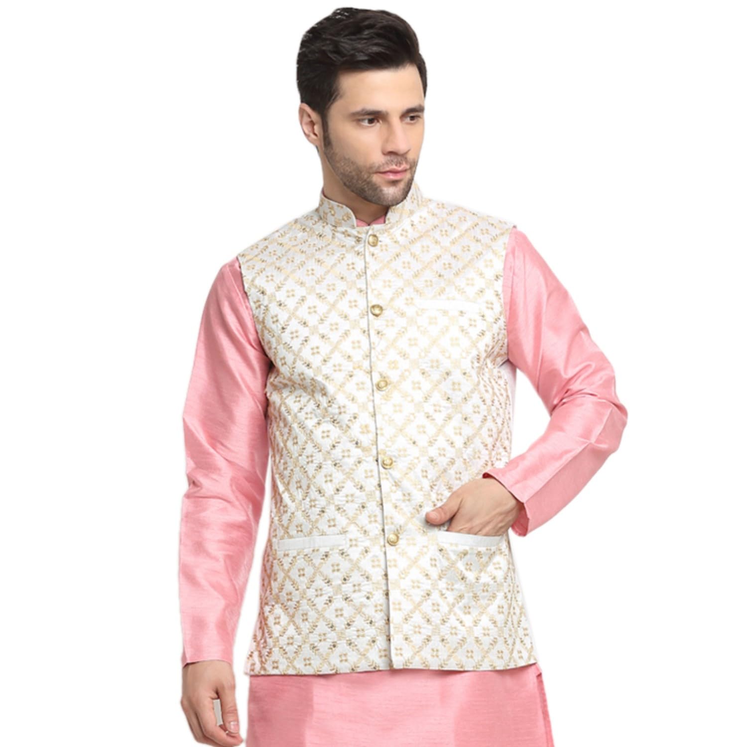 KRAFT INDIA Men's Silk Embroided Zari Cream Nehru Jacket Only