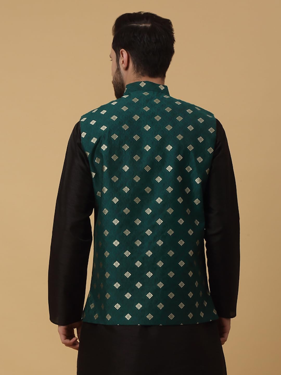 KRAFT INDIA Men's Silk Blend Jacquard Sleeveless Gold Print Green Nehru Jacket (Size- Large) - Image 7
