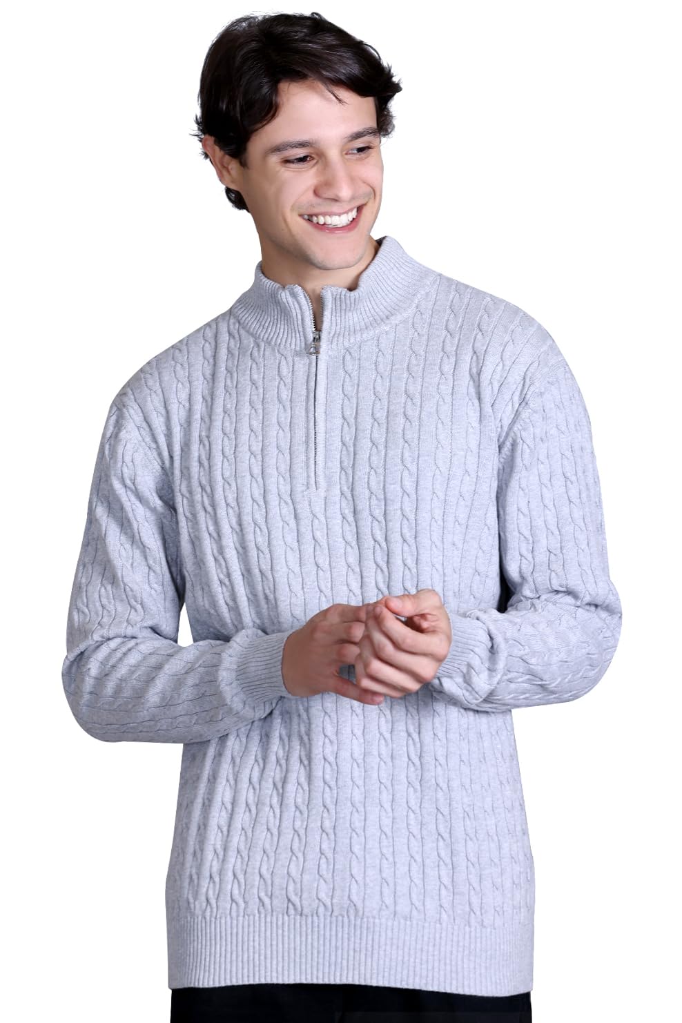 DZANT Wool Blend Mens Sweater for Winter | Premium | Zipper | Cable Knit Design | Full Sleeve | Grey Color | Zip Sweater for Men Korean, Small