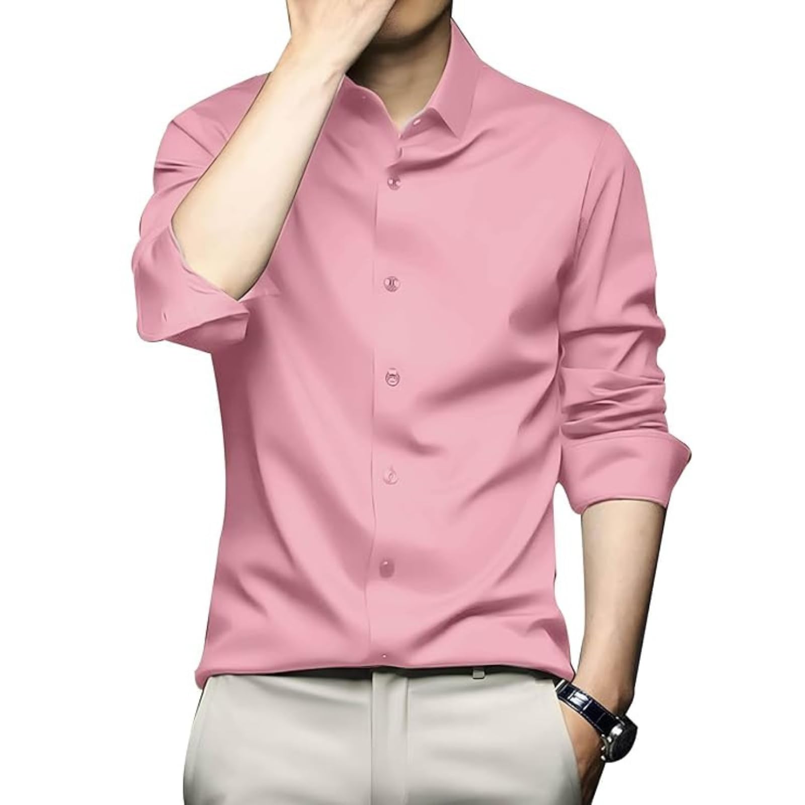 DEELMO Men's Stylish Solid Satin Casual Shirt for Men Full Sleeves| Poly Satin Silk Shirt Light Pink