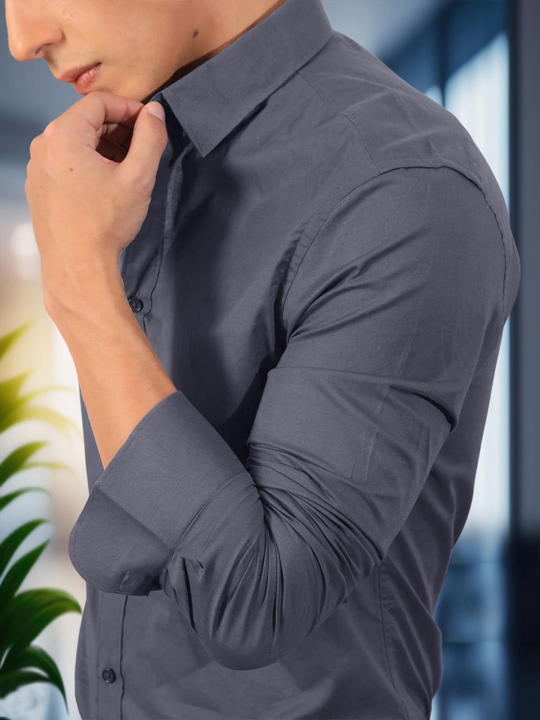Pinkmint Mens Long Sleeve Button Down Grey Shirt for Men Collared Casual Formal Soild Shirt - Image 3