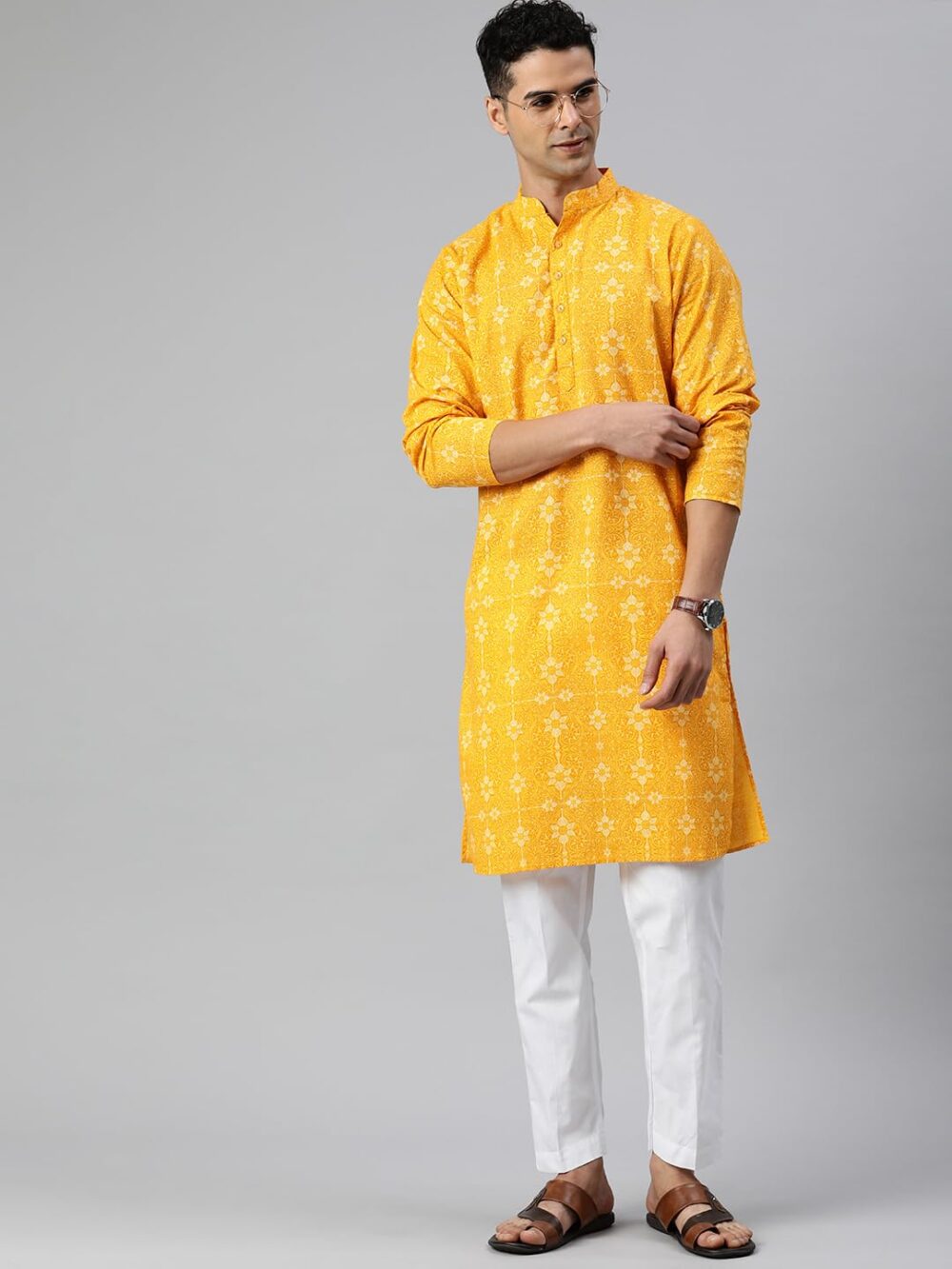 Majestic Man Cotton Mandarin Collar Ethnic Motifs Printed Long Regular Fit Kurta For Men (Small, Haldi, Yellow) - Image 8