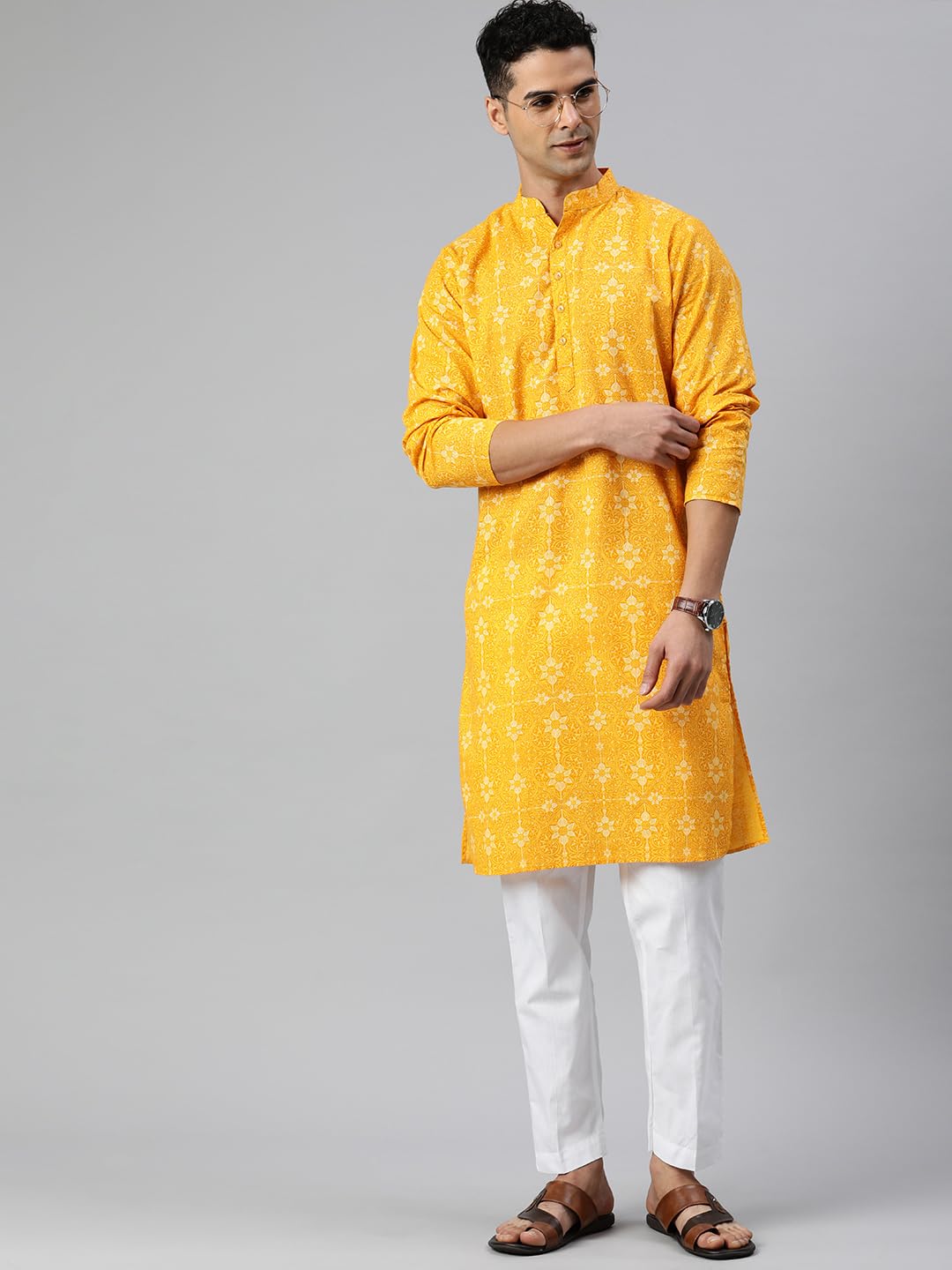 Majestic Man Cotton Mandarin Collar Ethnic Motifs Printed Long Regular Fit Kurta For Men (Small, Haldi, Yellow) - Image 8
