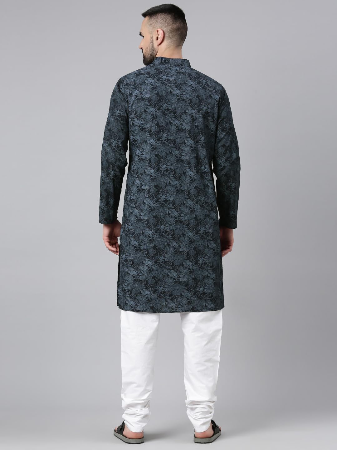 Majestic Man Cotton Mandarin Collar Ethnic Motifs Printed Regular Fit Long Kurta For Men (Large, Navy Blue) - Image 6