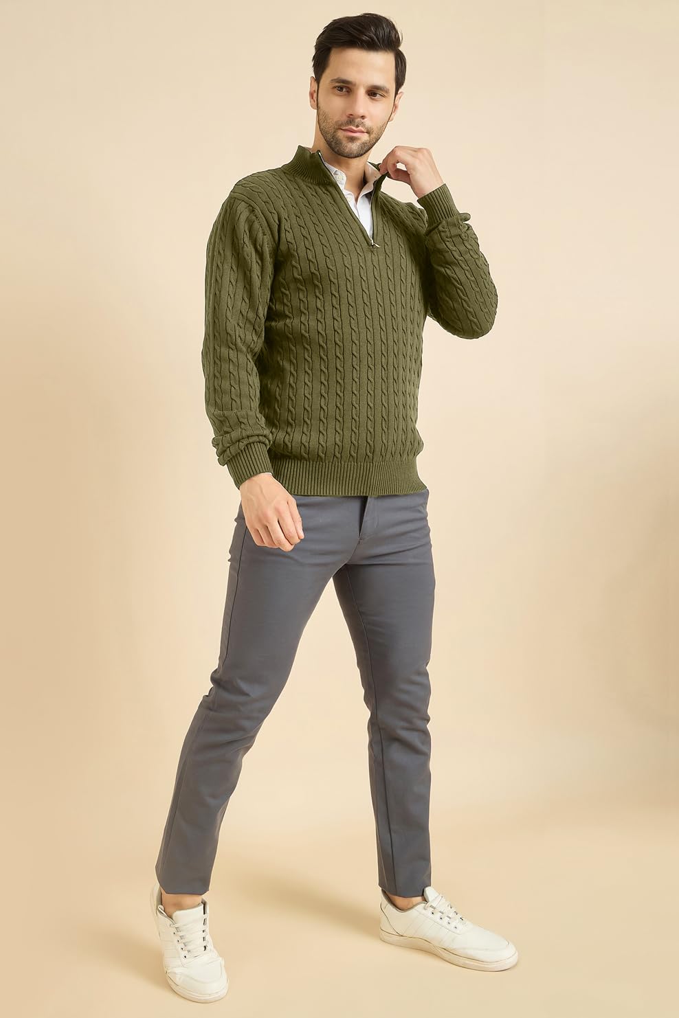 DZANT Wool Blend Sweaters for Men Winter | Premium | Zipper | Cable Knit Design | Full Sleeve | Olive Color | Turtle Neck | Sweaters for Men Zipper, Medium - Image 3