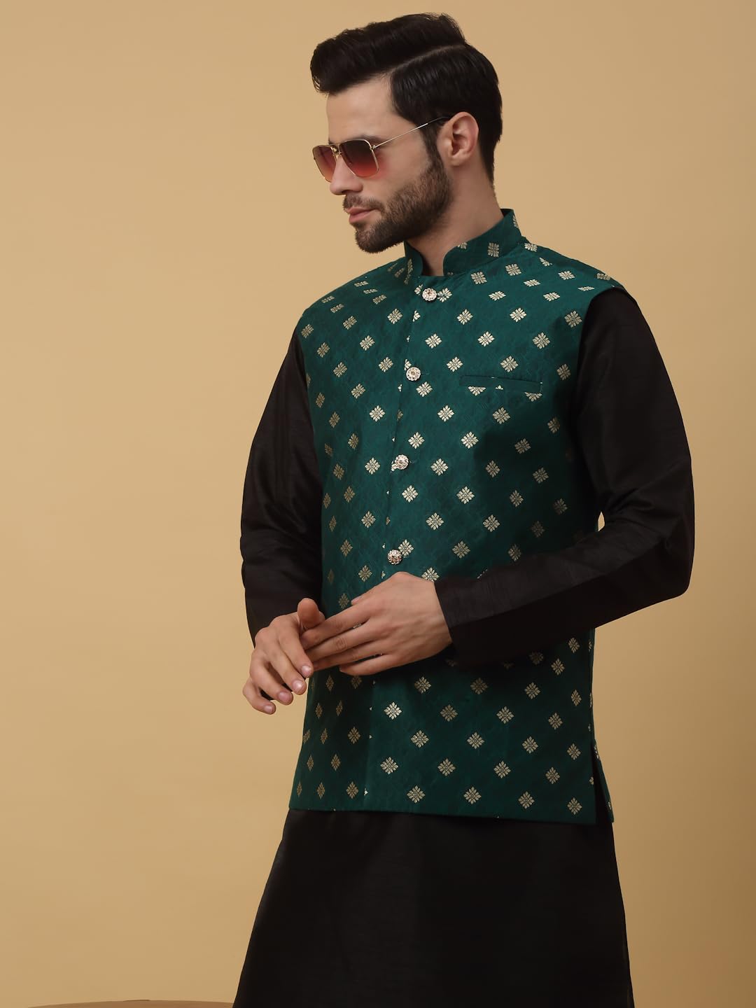 KRAFT INDIA Men's Silk Blend Jacquard Sleeveless Gold Print Green Nehru Jacket (Size- Large) - Image 2