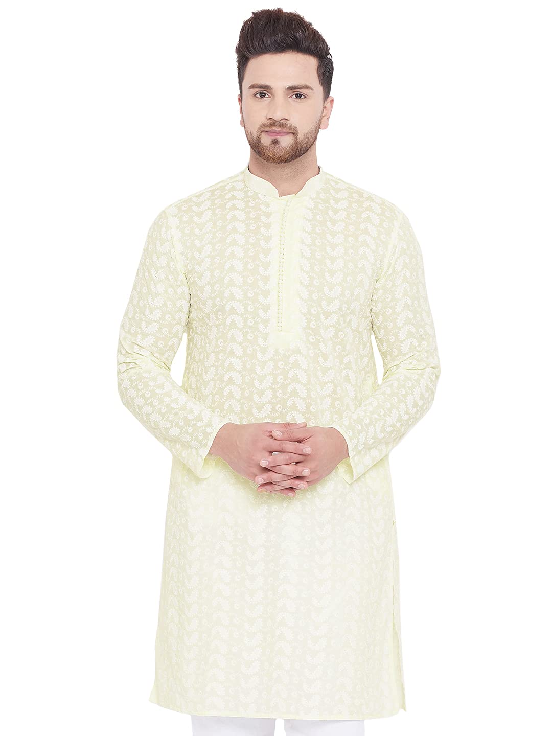 VASTRAMAY Mens Cotton Yellow and White Kurta - Elegance for Festivals & Events_VASMK094YW_42