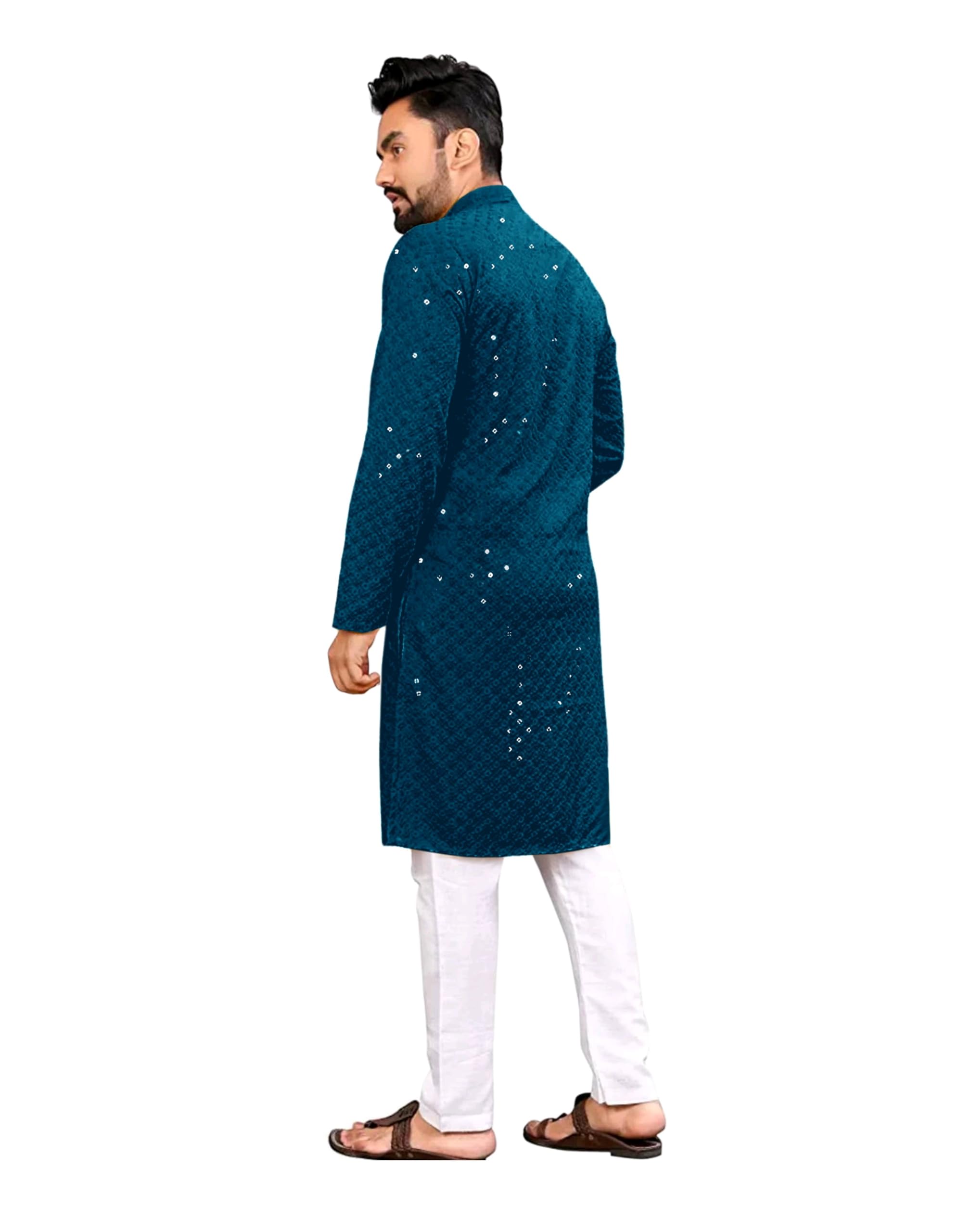 Trustous Georgette Men's Indian Ethnic Wear Straight Lucknowi Regular Fit Kurta SEA Green - Image 3