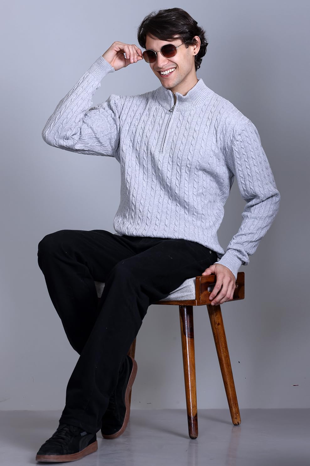 DZANT Wool Blend Mens Sweater for Winter | Premium | Zipper | Cable Knit Design | Full Sleeve | Grey Color | Zip Sweater for Men Korean, Small - Image 2