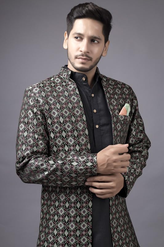 Amzira Men's Stylish Ethnic Wear Black Kurta Pajama Set with Long Jacket, - Image 4