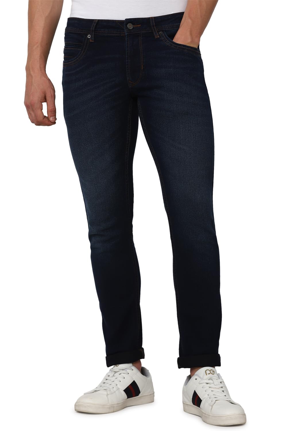 Peter England Men's Premium Skinny Fit Stretchable Mid Rise Jeans, 34 Deep Blue