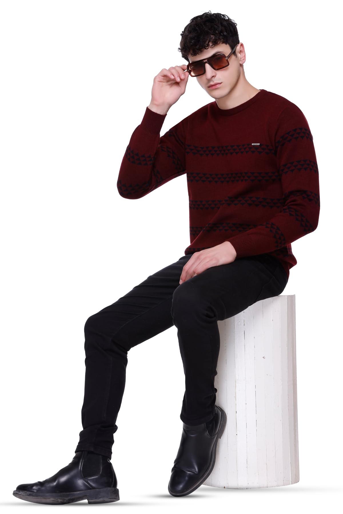 GODFREY Winter Woollen Acrylic Blend Round Neck Sweater for Men Size - 2XL, Wine & Black - Image 2