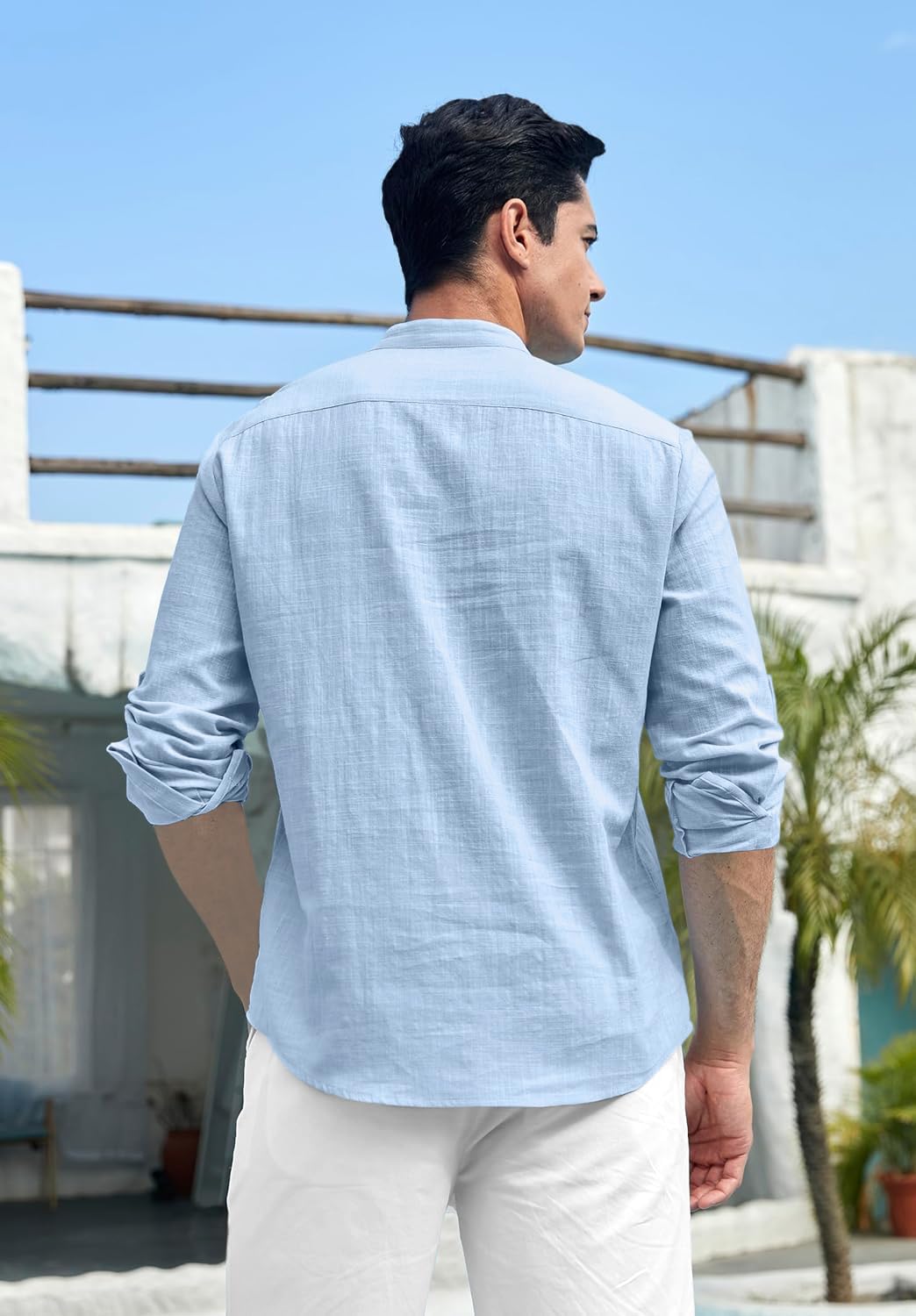 Zombom Cotton Blend Solid Casual Regular Fit Mandarin/Chinese Collor Short Kurta for Men Sky Blue - Image 6