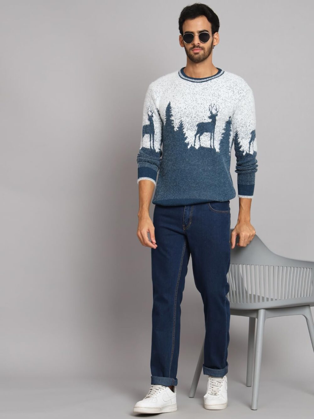 eWools Men's Winterwear Woolen Animal Print Round Neck Cardigans Sweaters (Blue, 2XL) - Image 2
