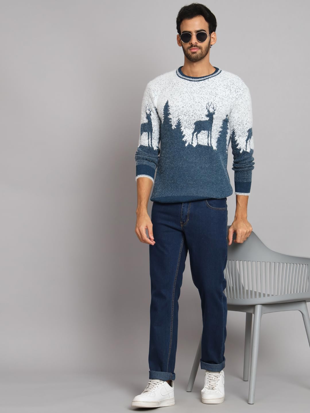 eWools Men's Winterwear Woolen Animal Print Round Neck Cardigans Sweaters (Blue, 2XL) - Image 2